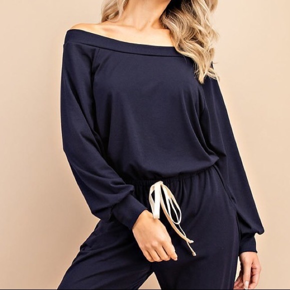Navy Blue Off the Shoulder Pant Jumpsuit Size Small NWT - Picture 3 of 5